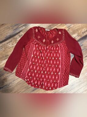 Lucky Brand Red Patterned Boho Button-Front Blouse